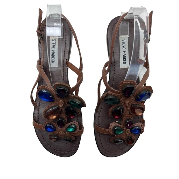 STEVE MADDEN ANGELYNA Brown Bling Chunky Rhinestones Flower Sandals Shoes sz 8 - Picture 5 of 16